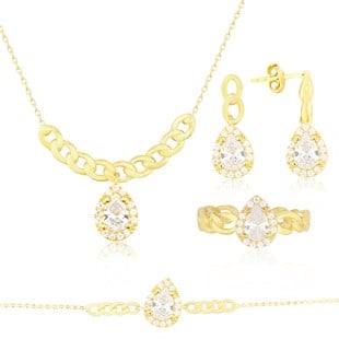 925 Ayar Gümüş Damla Taş Takı Seti Zincir Detay