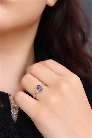 925 Ayar Gümüş Değerli Taşlar Koleksiyonu 1,37 Karat Ametist Taşlı Gümüş Yüzük
