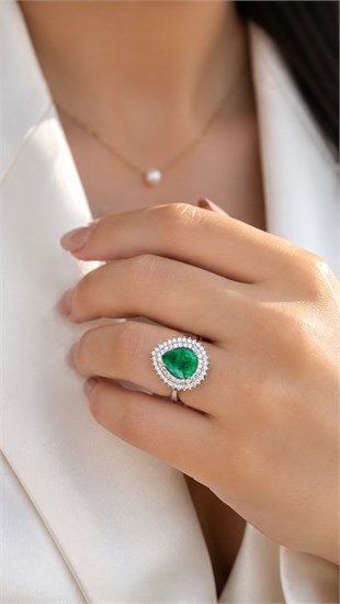 925 Ayar Gümüş Doğal Paraiba Taşlı Damla Yüzük