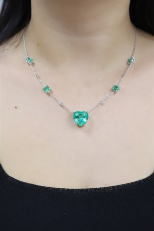 925 Ayar Gümüş Doğal Paraiba Taşlı Kalp Kolye 