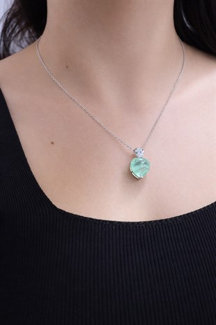 925 Ayar Gümüş Doğal Paraiba Taşlı Kalp Kolye 