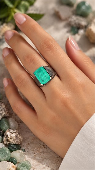 925 Ayar Gümüş Doğal Paraiba Taşlı Oksitli Vintage Yüzük