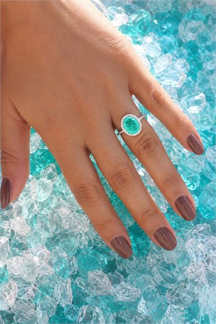925 Ayar Gümüş Doğal Paraiba Taşlı Oval Şık Yüzük