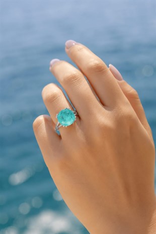 925 Ayar Gümüş Doğal Paraiba Taşlı Yüzük