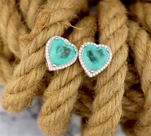 925 Ayar Gümüş Doğal Paraiba Turmalin Taşlı Kalp Küpe