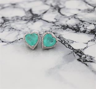 925 Ayar Gümüş Doğal Paraiba Turmalin Taşlı Kalp Küpe