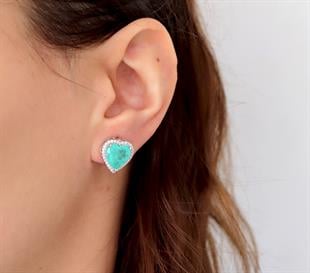 925 Ayar Gümüş Doğal Paraiba Turmalin Taşlı Kalp Küpe