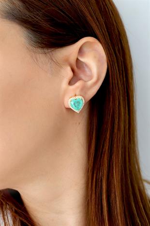 925 Ayar Gümüş Doğal Paraiba Turmalin Taşlı Kalp Küpe