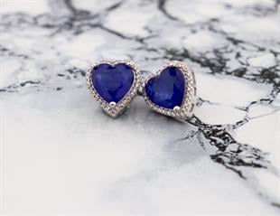 925 Ayar Gümüş Doğal Paraiba Turmalin Taşlı Kalp Küpe