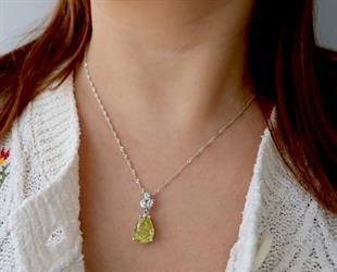 925 Ayar Gümüş Elmas Damla Kesim Peridot Taşlı Kolye