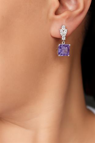 925 Ayar Gümüş Elmas Kesim Ametist Taşlı Küpe