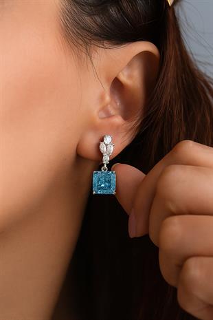 925 Ayar Gümüş Elmas Kesim Aquamarin Taşlı Küpe