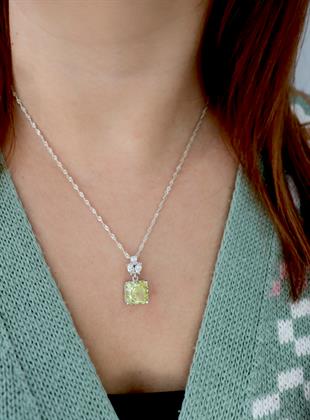 925 Ayar Gümüş Elmas Kesim Peridot Taşlı Kolye