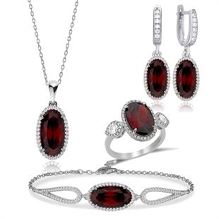 925 Ayar Gümüş Garnet Oval Taşlı Takı Seti