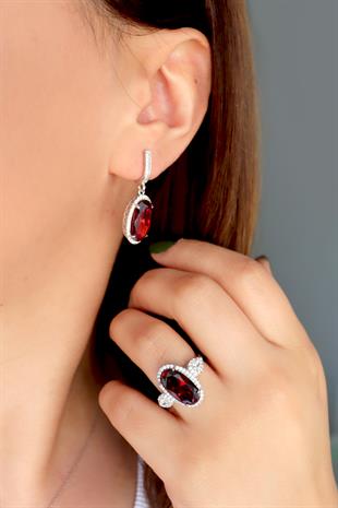 925 Ayar Gümüş Garnet Oval Taşlı Takı Seti