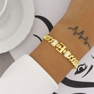 925 Ayar Gümüş Gold E Harfi Şık Bileklik