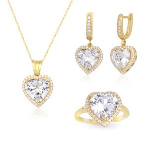 925 Ayar Gümüş Gold Pırlanta Montür Kalp Takı Seti