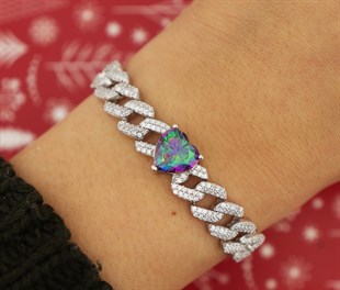 925 Ayar Gümüş Gurmet Zincir Mistik Topaz Kalp Detay Rodyumlu Gümüş Bileklik