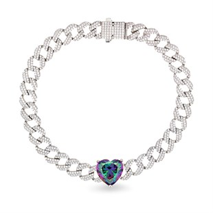 925 Ayar Gümüş Gurmet Zincir Mistik Topaz Kalp Detay Rodyumlu Gümüş Bileklik