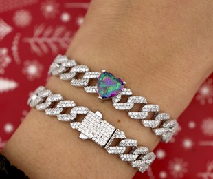 925 Ayar Gümüş Gurmet Zincir Mistik Topaz Kalp Detay Rodyumlu Gümüş Bileklik