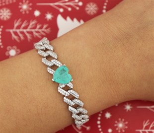 925 Ayar Gümüş Gurmet Zincir Paraiba Kalp Detay Rodyumlu Gümüş Bileklik