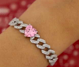 925 Ayar Gümüş Gurmet Zincir Pembe Kalp Detay Rodyumlu Gümüş Bileklik