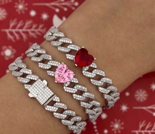 925 Ayar Gümüş Gurmet Zincir Pembe Kalp Detay Rodyumlu Gümüş Bileklik