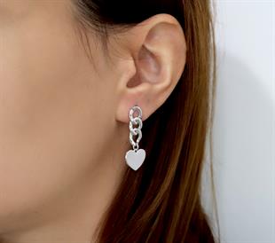 925 Ayar Gümüş Gurmet Zincirli Kalp Detaylı Küpe