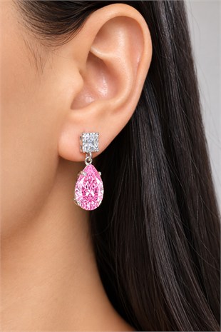 925 Ayar Gümüş Ice Cut Pembe Damla Taşlı Küpe