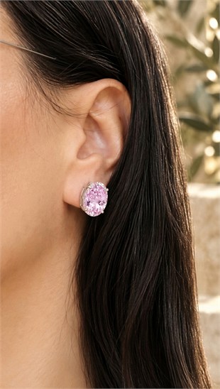 925 Ayar Gümüş Ice Cut Pembe Oval Taşlı Küpe