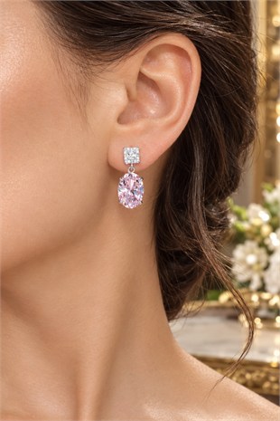 925 Ayar Gümüş Ice Cut Pembe Oval Taşlı Küpe