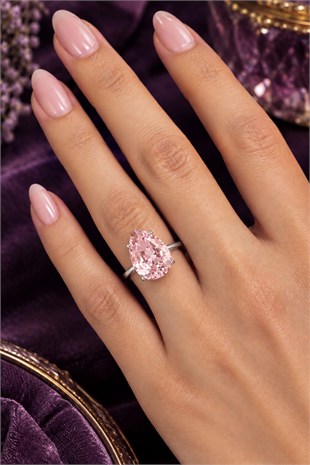 925 Ayar Gümüş Işıltılı Damla Kesim (Ice Cut) Pembe Taşlı Yüzük