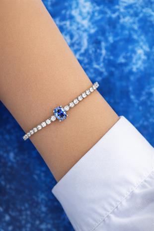 925 Ayar Gümüş Işıltılı Oval Blue Topaz Taşlı Tenis Bileklik