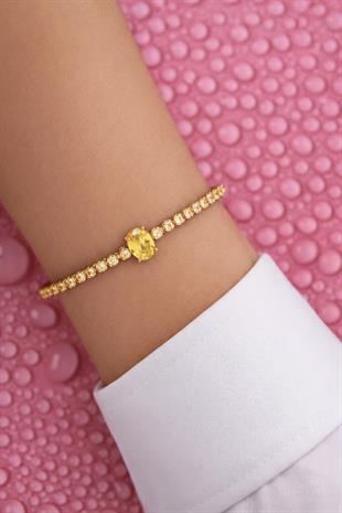 925 Ayar Gümüş Işıltılı Oval Sitrin Taşlı Tenis Bileklik