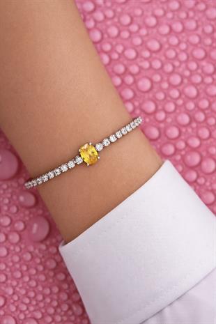 925 Ayar Gümüş Işıltılı Oval Sitrin Taşlı Tenis Bileklik