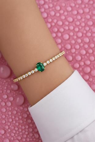 925 Ayar Gümüş Işıltılı Oval Zümrüt Yeşili Taşlı Tenis Bileklik