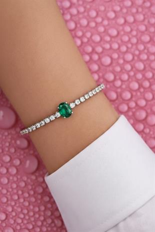 925 Ayar Gümüş Işıltılı Oval Zümrüt Yeşili Taşlı Tenis Bileklik