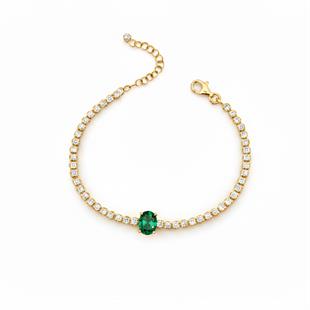 925 Ayar Gümüş Işıltılı Oval Zümrüt Yeşili Taşlı Tenis Bileklik