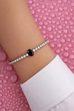 925 Ayar Gümüş Işıltılı Siyah Oval Taşlı Tenis Bileklik