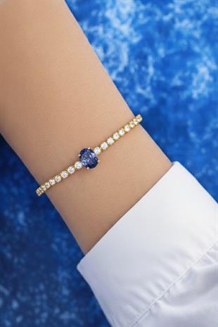 925 Ayar Gümüş Işıltılı Tanzanit Oval Taşlı Tenis Bileklik