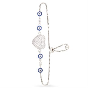 925 Ayar Gümüş Kalp Nazar Detay Asansörlü Bileklik