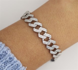 925 Ayar Gümüş Kare Kesim Taşlı Kalın Gurmet Zincir Bileklik