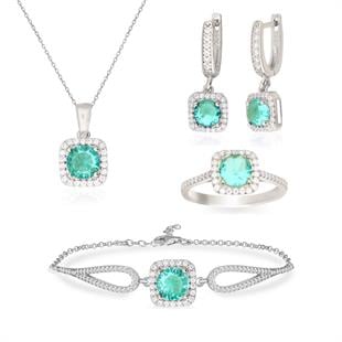 925 Ayar Gümüş Kare Paraiba Taşı Takı Seti