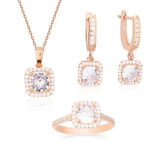 925 Ayar Gümüş Kare Pırlanta Modeli Takı Seti