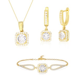 925 Ayar Gümüş Kare Pırlanta Modeli Takı Seti