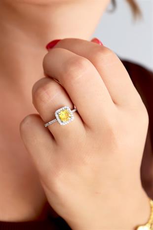 925 Ayar Gümüş Kare Sitrin Taşlı Yüzük