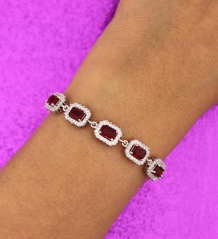 925 Ayar Gümüş Kırmızı Baget Taşlı Anturaj Bileklik