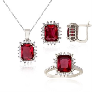 925 Ayar Gümüş Kırmızı Baget Taşlı Takı Seti