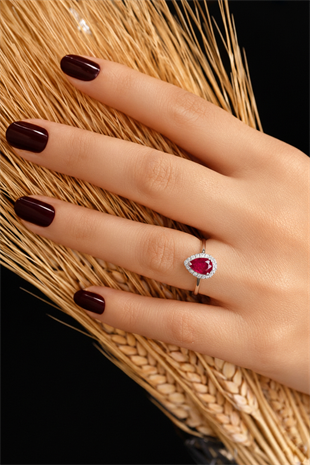 925 Ayar Gümüş Kırmızı Damla Taşlı Anturaj Yüzük