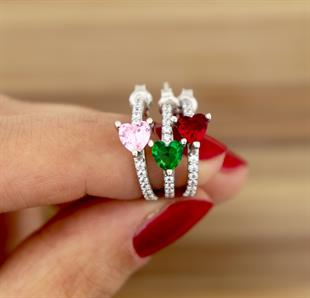 925 Ayar Gümüş Kırmızı Kalp Detaylı Halka Küpe